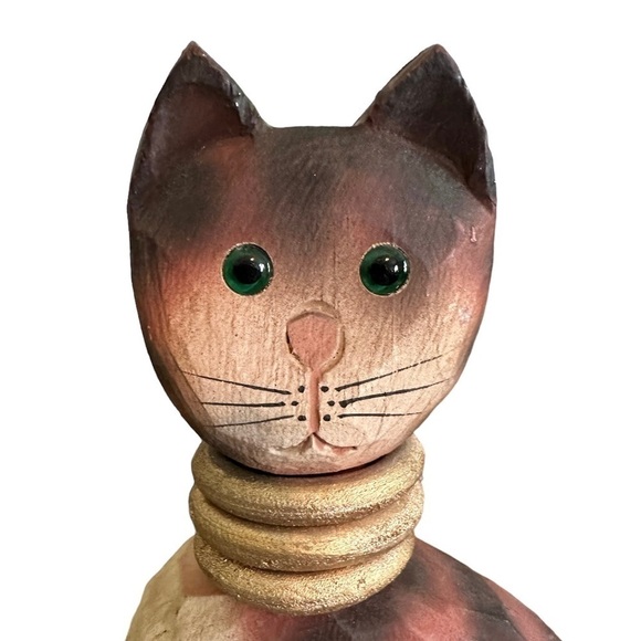 James Haddon Hand Carved Wooden Cat Figurine Folk Art Hand Painted Green Eyes - Picture 2 of 7